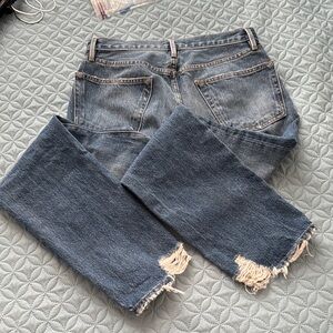 Frame Denim Blue Straight Jeans with Distressed Details